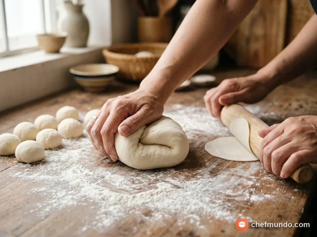 Nhào bột và cán vỏ bánh Momo