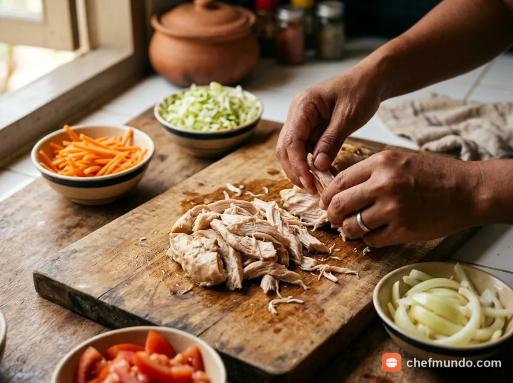 Xé thịt gà và sơ chế rau củ