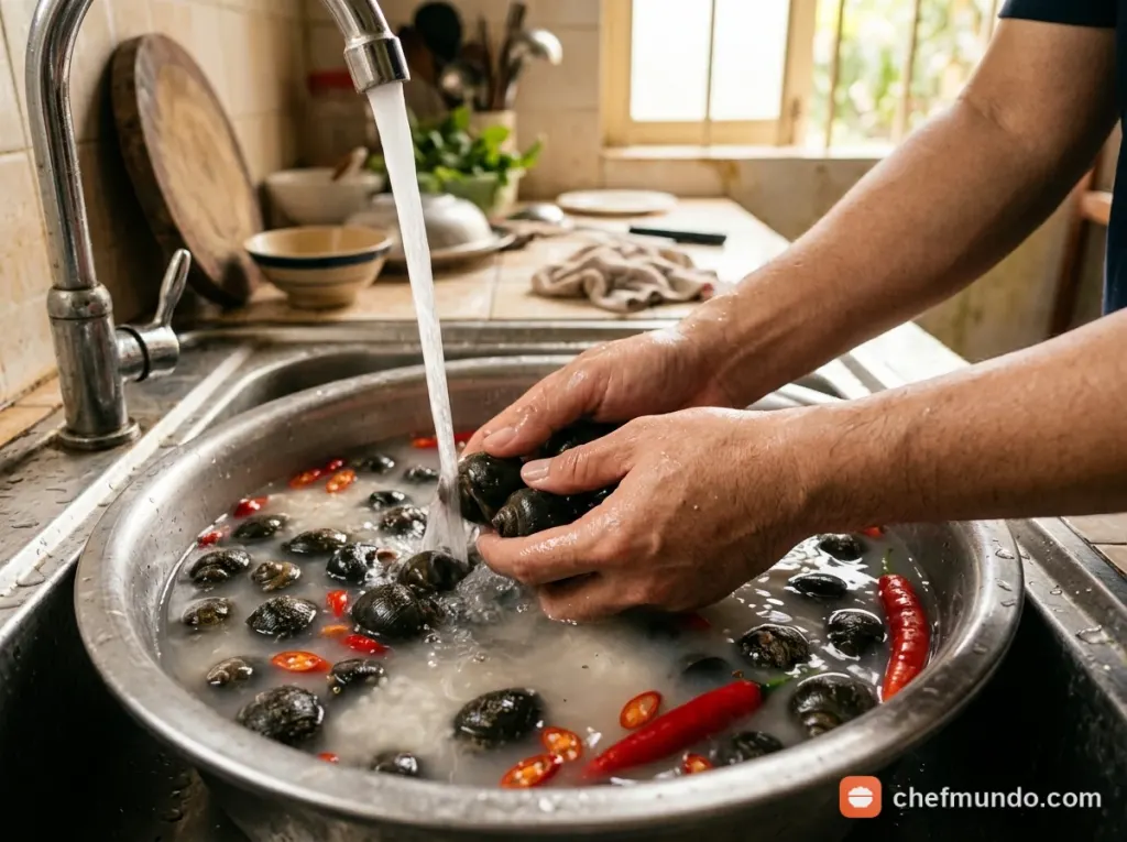 Ngâm ốc nhả bùn nhớt và làm sạch