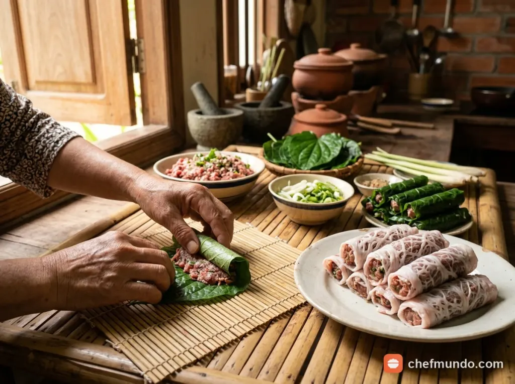 Trộn nhân và cuốn bò lá lốt, bò nướng mỡ chài