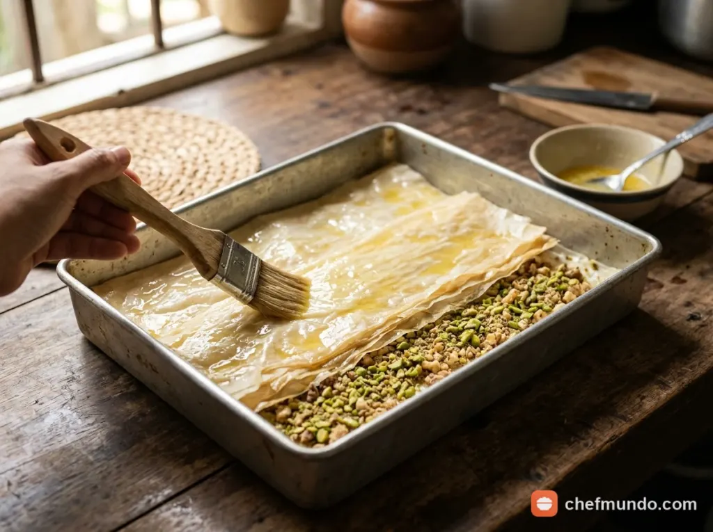 Xếp lớp vỏ bột filo và rải nhân hạt vào khuôn