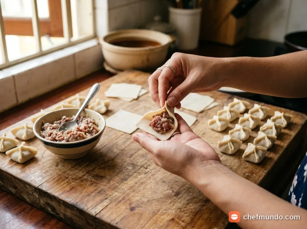 Cán mỏng và gói bánh manti