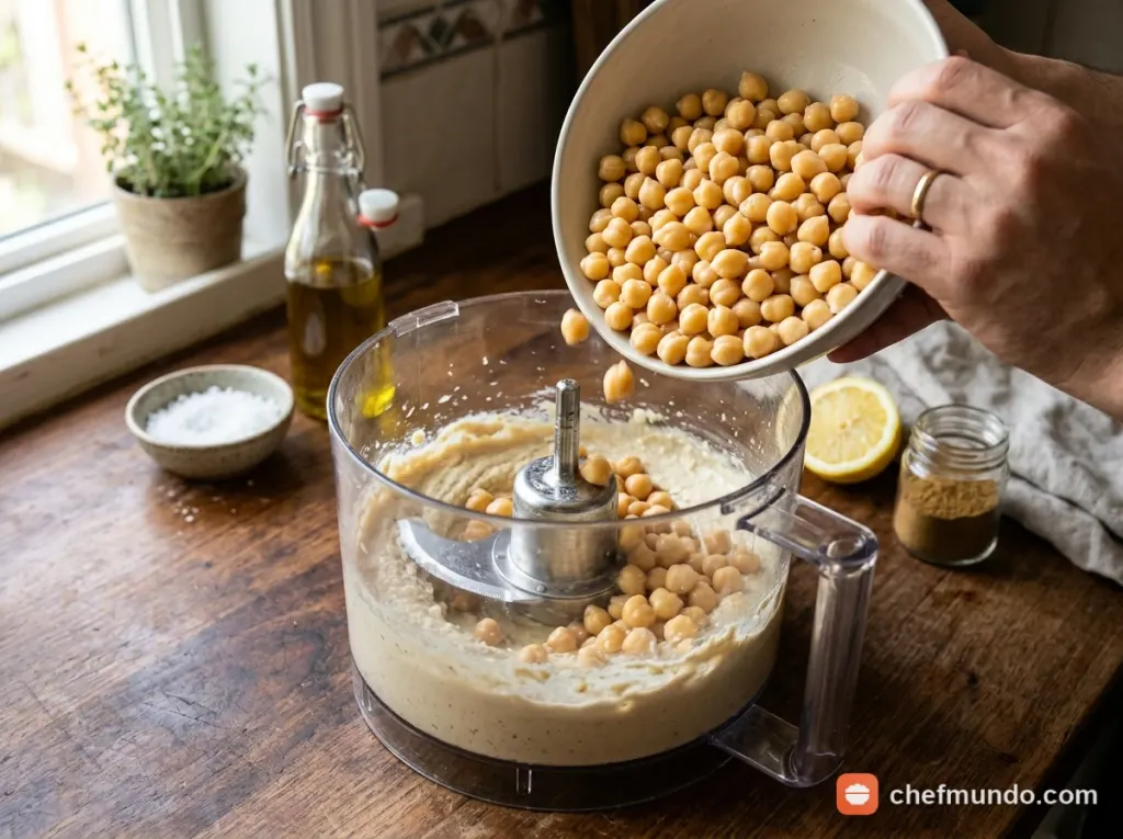 Xay nhuyễn đậu gà cùng hỗn hợp sốt tahini