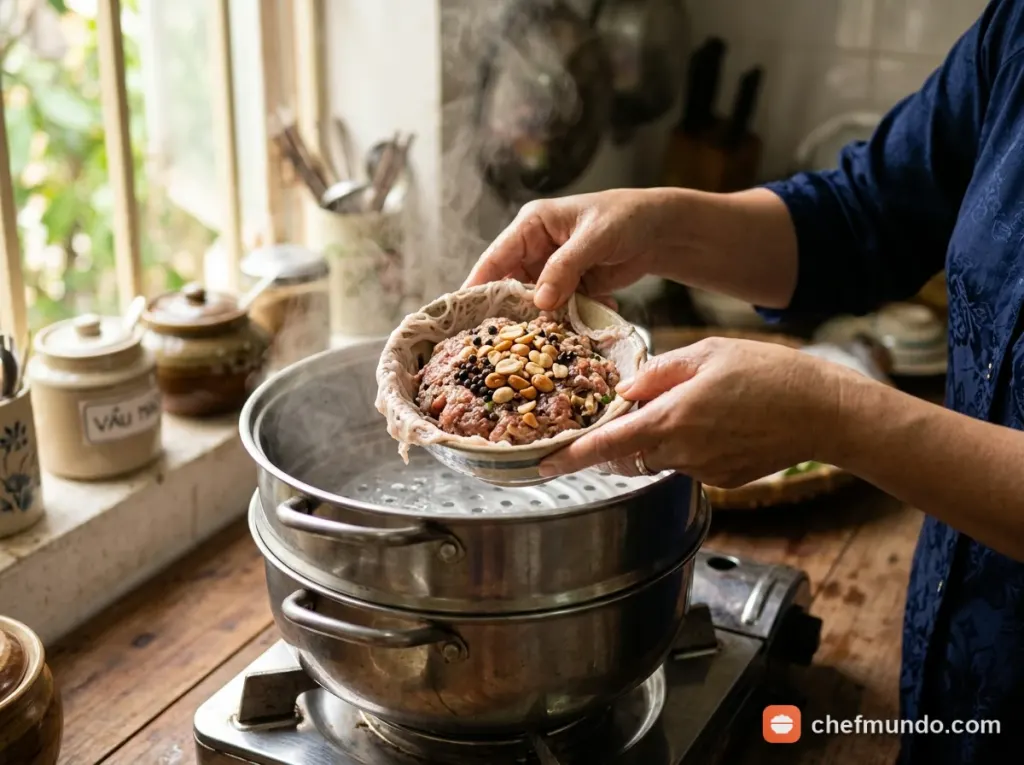 Trộn nhân và hấp chả đùm bò