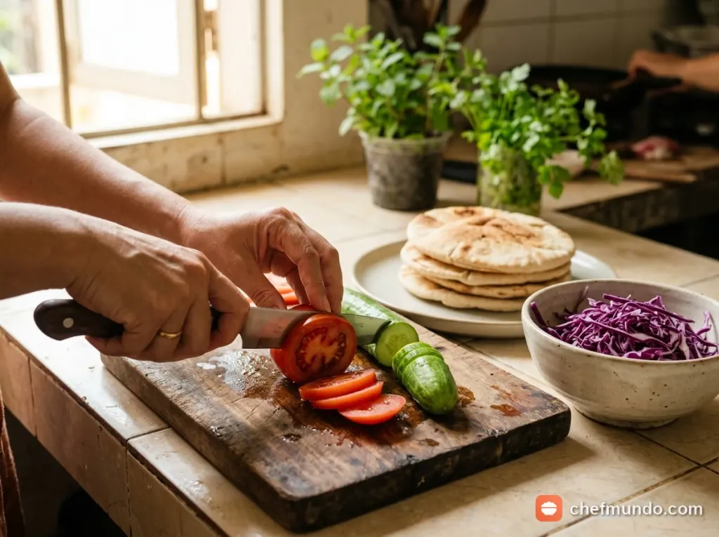 Sơ chế rau củ ăn kèm và làm nóng bánh mì