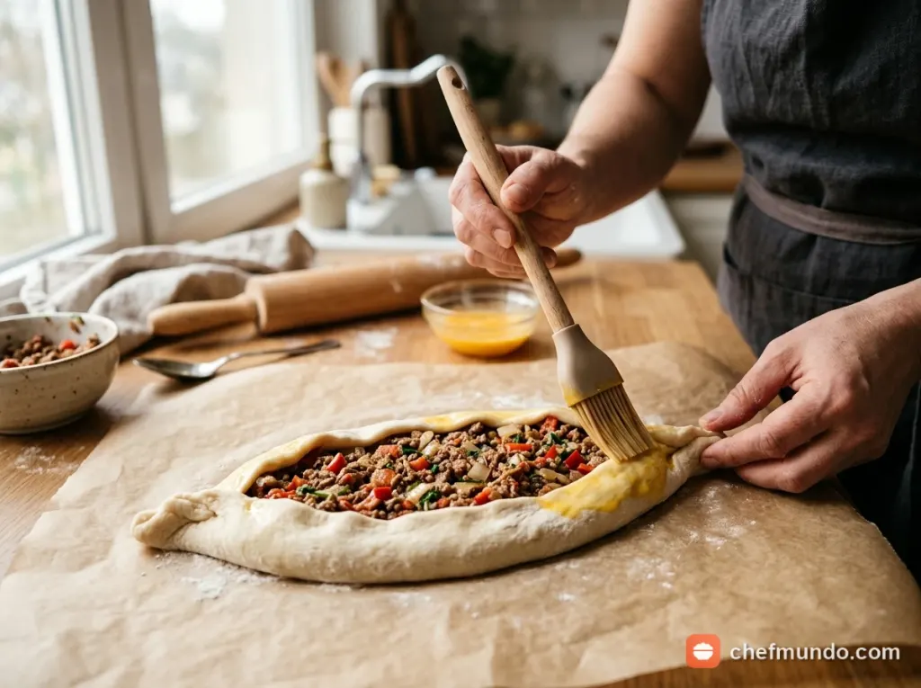 Chia bột, cán mỏng và tạo hình chiếc thuyền Pide