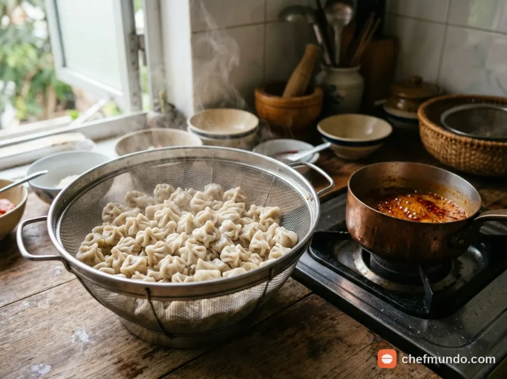 Luộc chín bánh manti và nấu sốt bơ ớt