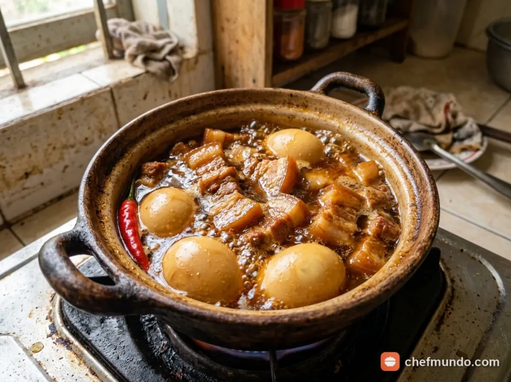 Kho thịt với hột vịt trên lửa nhỏ