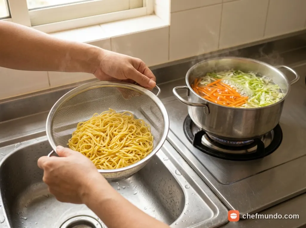 Chần mì sợi và làm chín rau củ