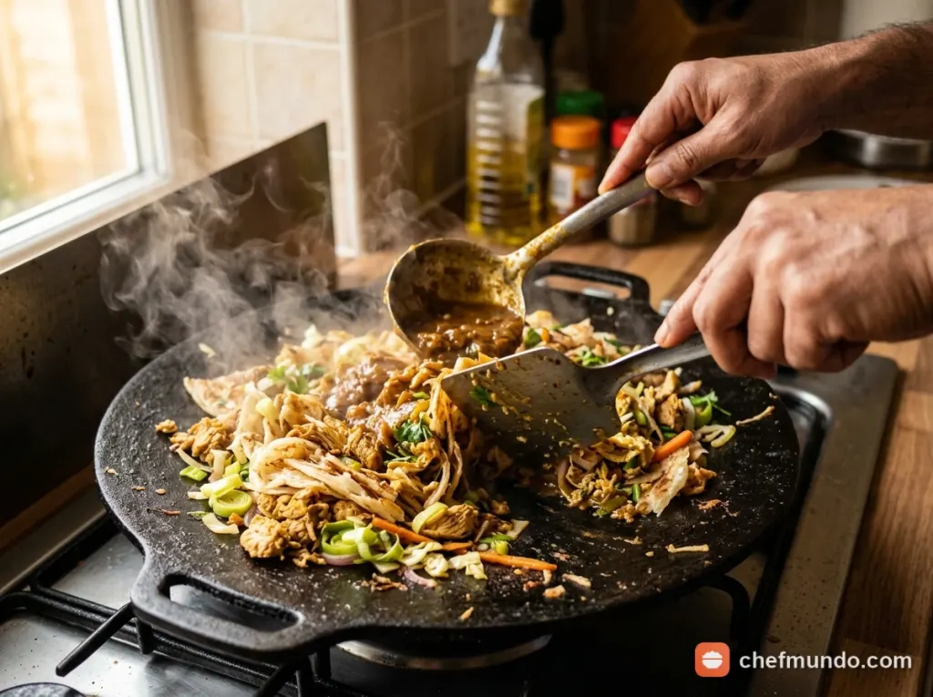 Trộn bánh mì dẹt, rưới xốt cà ri và băm chặt trên chảo