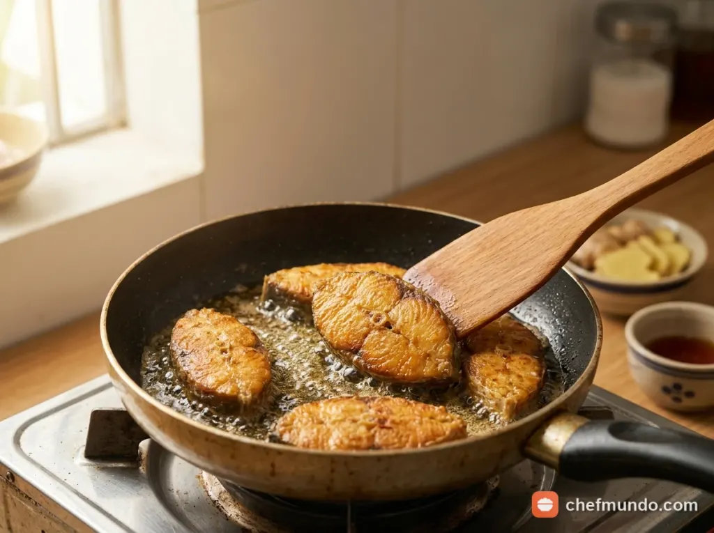 Kỹ thuật xào cá và nấm trên lửa lớn