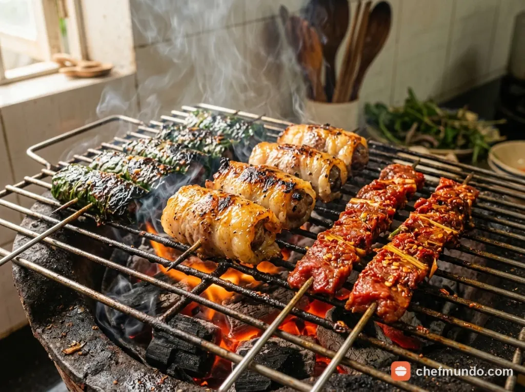 Nướng bò lá lốt, bò mỡ chài và thịt bò ướp sa tế