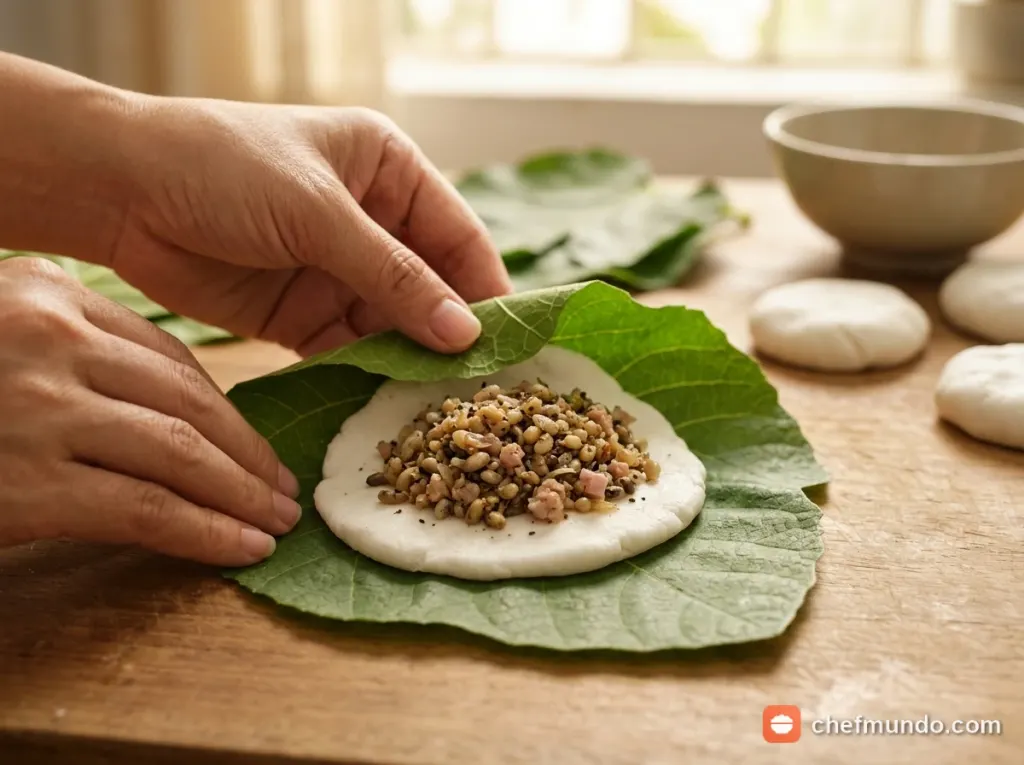 Dàn bột, gói bánh vào lá vả và hấp chín cách thủy