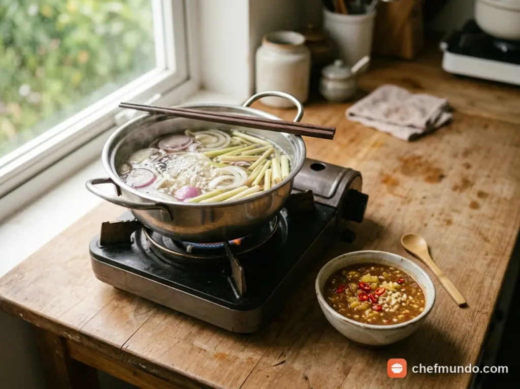 Nấu nước dùng bò nhúng giấm và pha mắm nêm