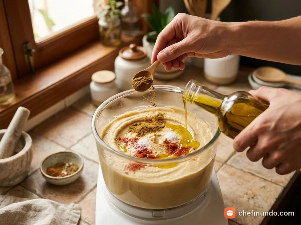 Nêm gia vị bột thì là cumin, muối và dầu ô-liu