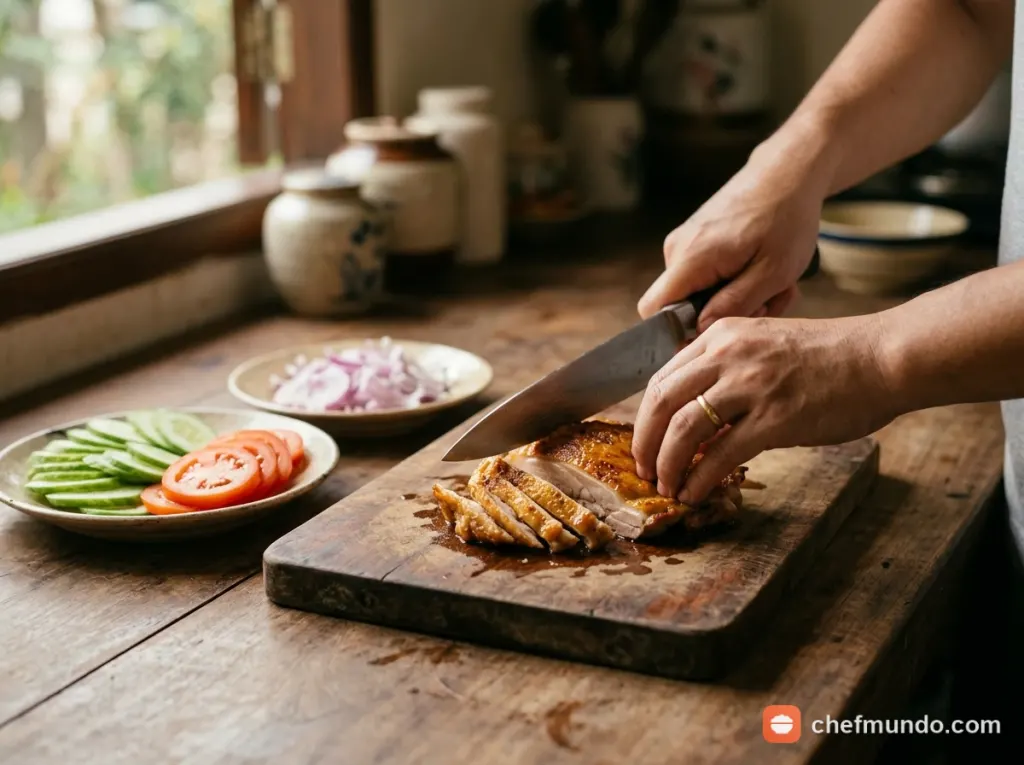Thái dải mỏng thịt gà và chuẩn bị rau củ
