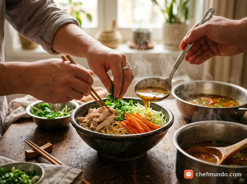 Trình bày tô mì Thukpa và thưởng thức