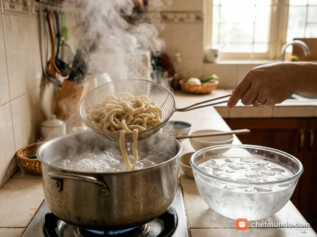 Luộc mì chín tới và làm nguội