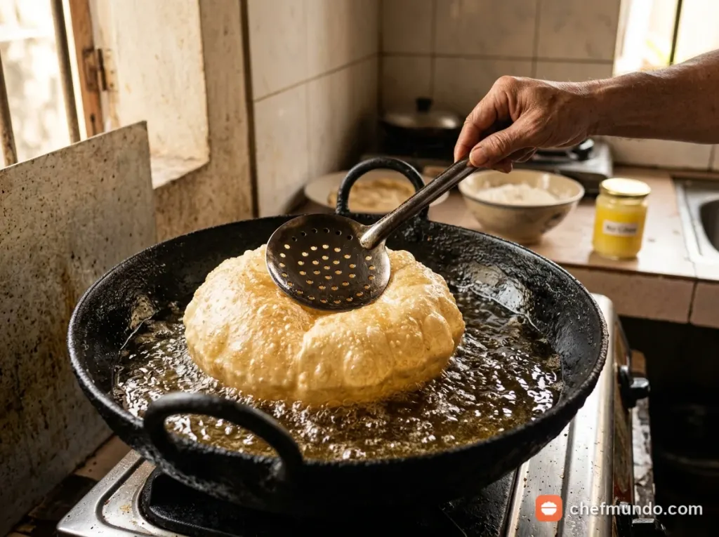 Cán bột và chiên phồng bánh Bhatura