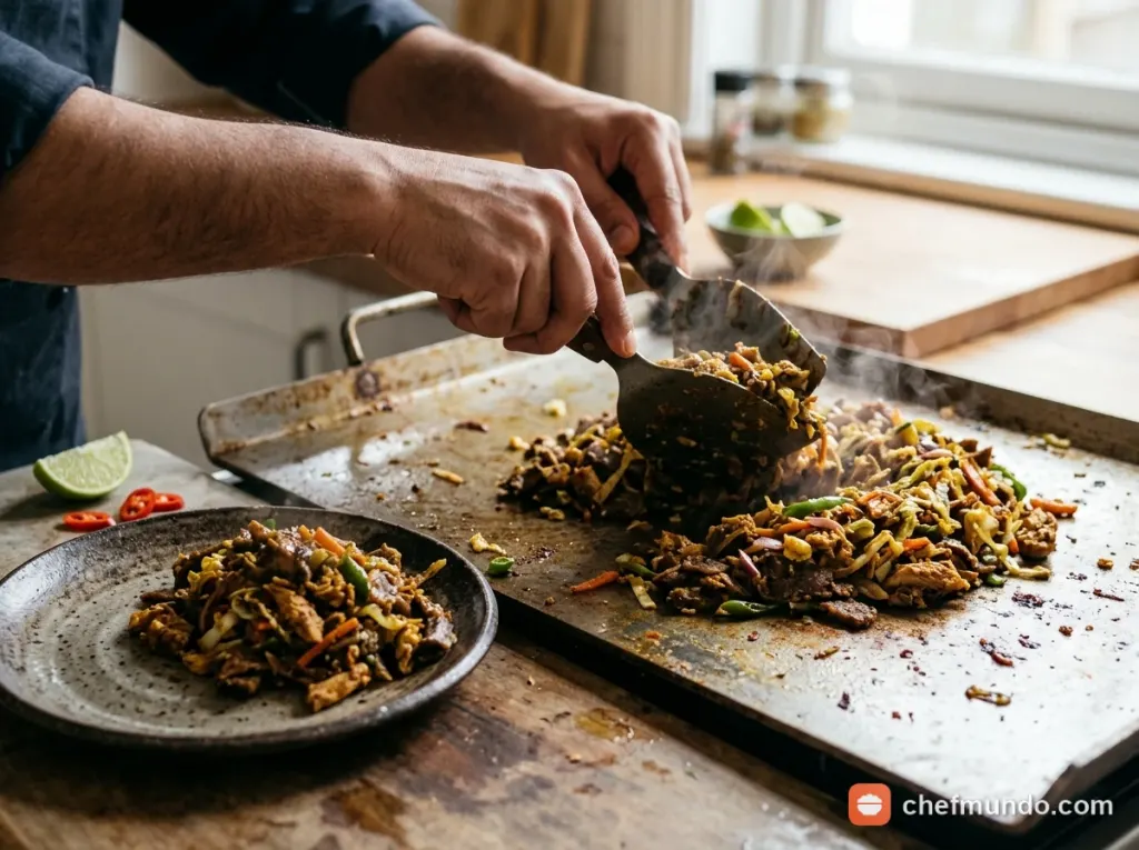 Hoàn thiện và trình bày đĩa Kottu Roti nóng hổi