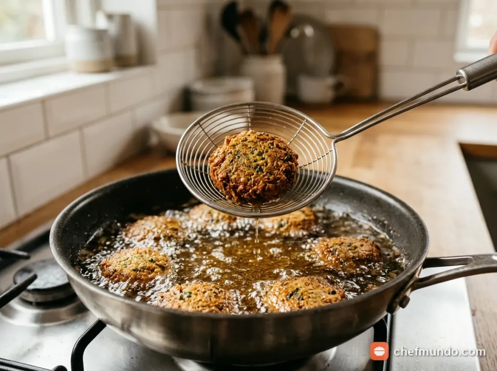 Chiên falafel ngập dầu giòn rụm