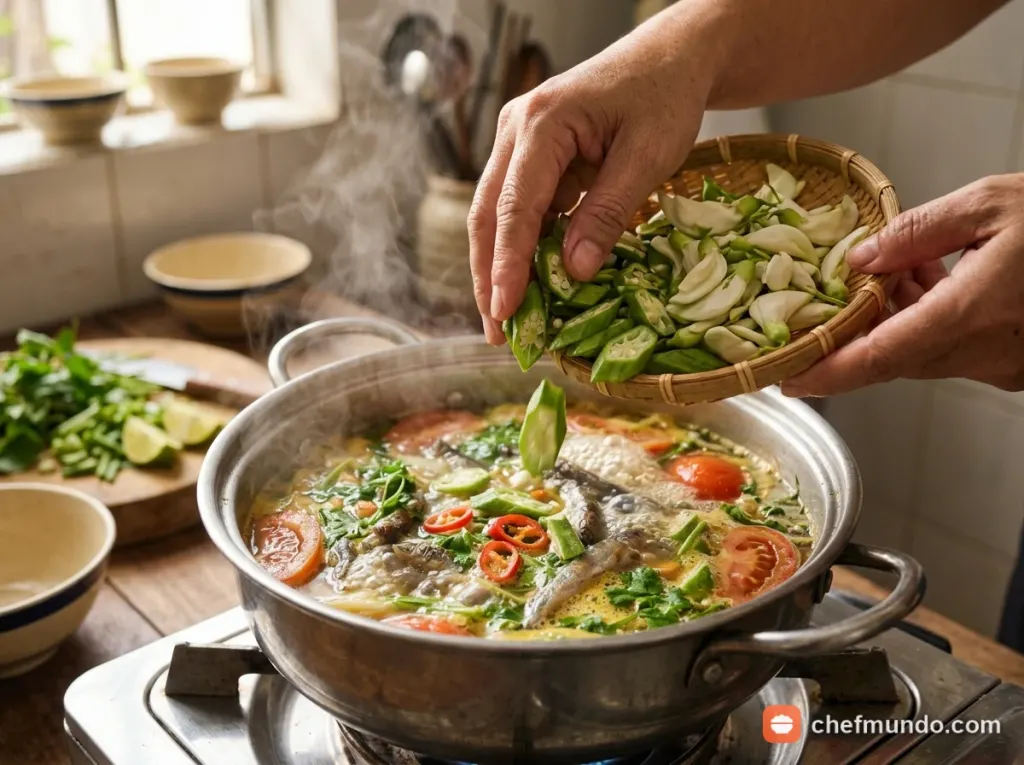 Nấu đậu bắp, bông so đũa và nêm rau thơm