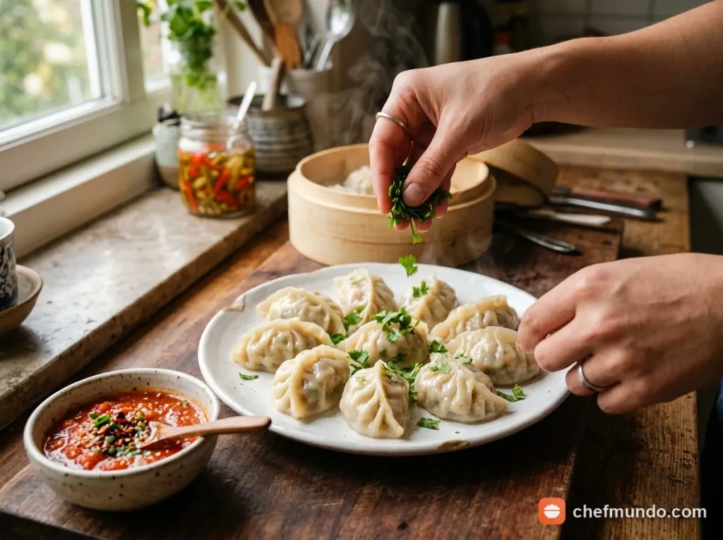 Trình bày bánh Momo ra đĩa và thưởng thức kèm nước sốt