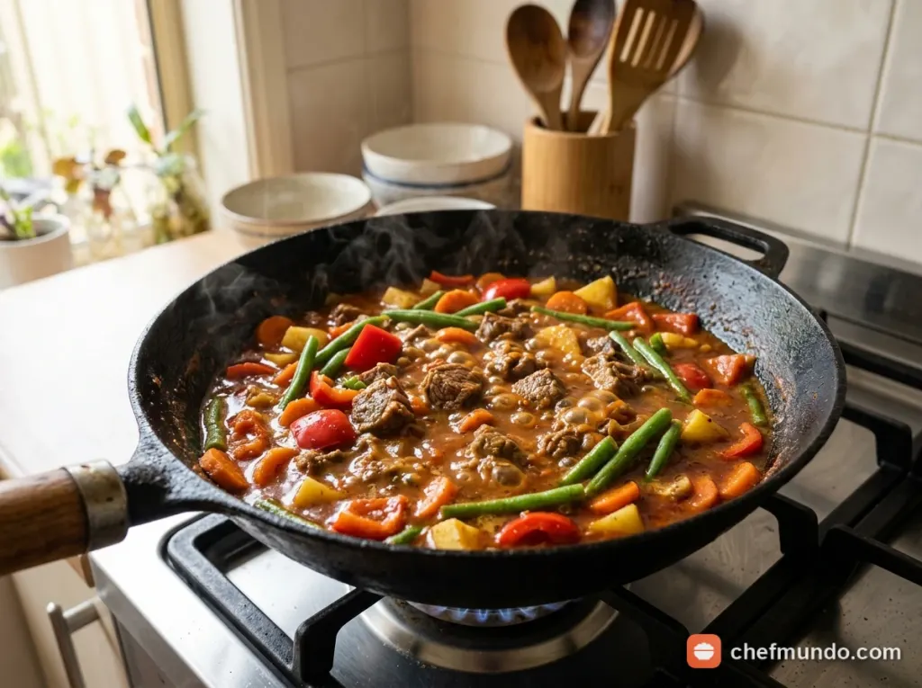 Xào thịt cừu và nấu nước xốt rau củ Waja