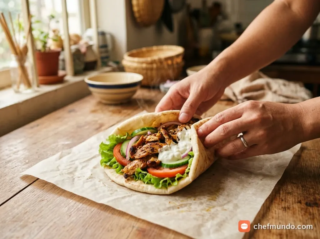 Làm nóng bánh mì pita, cuộn bánh và thưởng thức