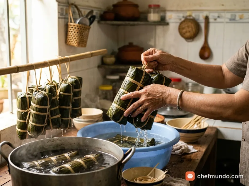 Vớt bánh, rửa nước lạnh và treo ráo