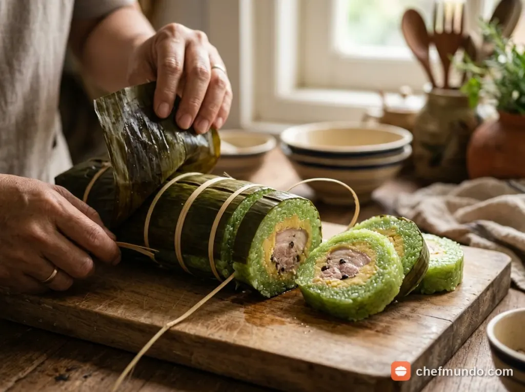 Bóc lá chuối và cắt khoanh bánh tét