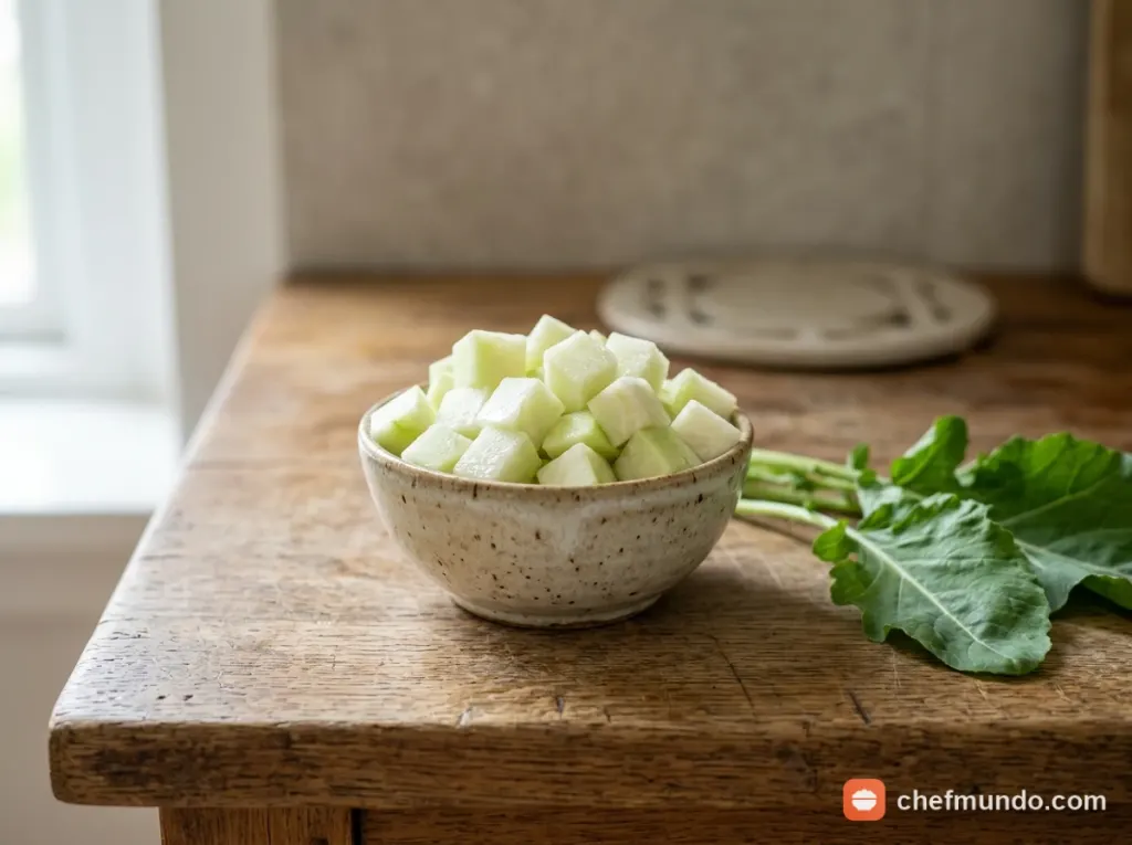 Su hào gọt vỏ thái hạt lựu trong bát sứ