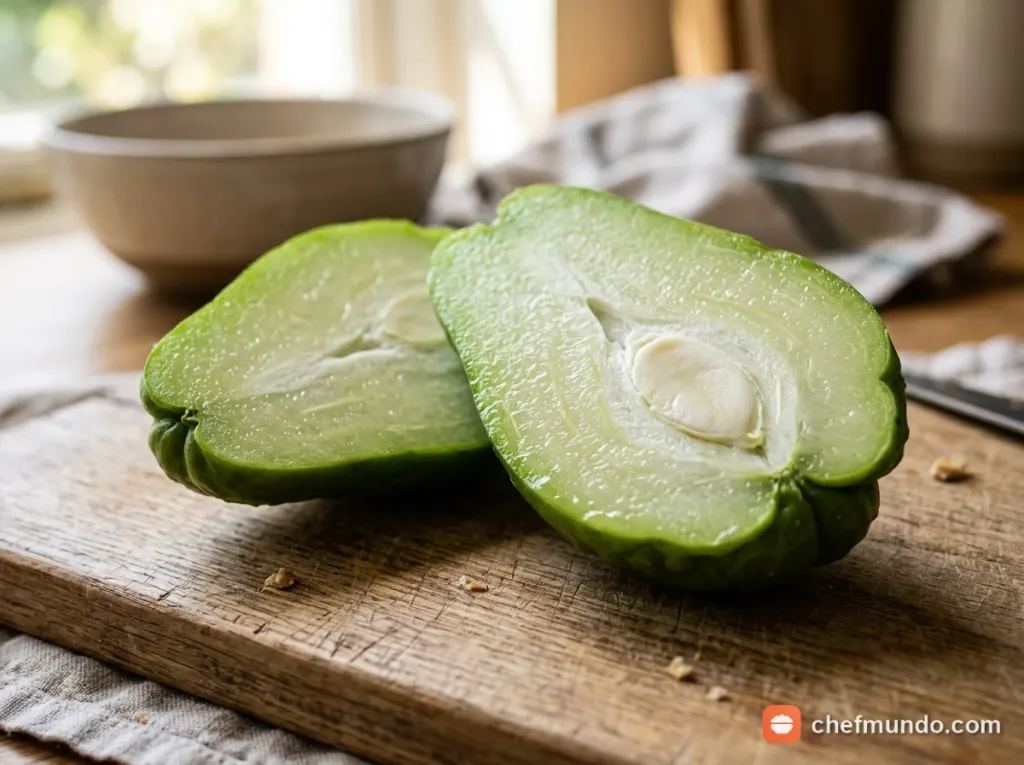 Thao tác gọt vỏ quả su su dưới vòi nước chảy