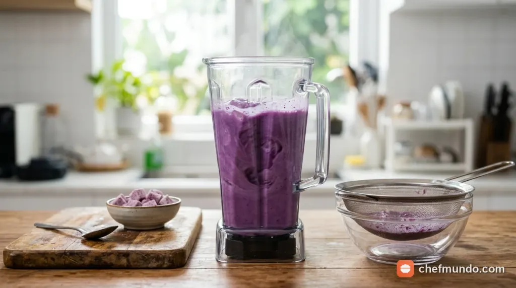 Công đoạn xay nhuyễn khoai môn đã hấp chín cùng nước ấm trong cối xay sinh tố