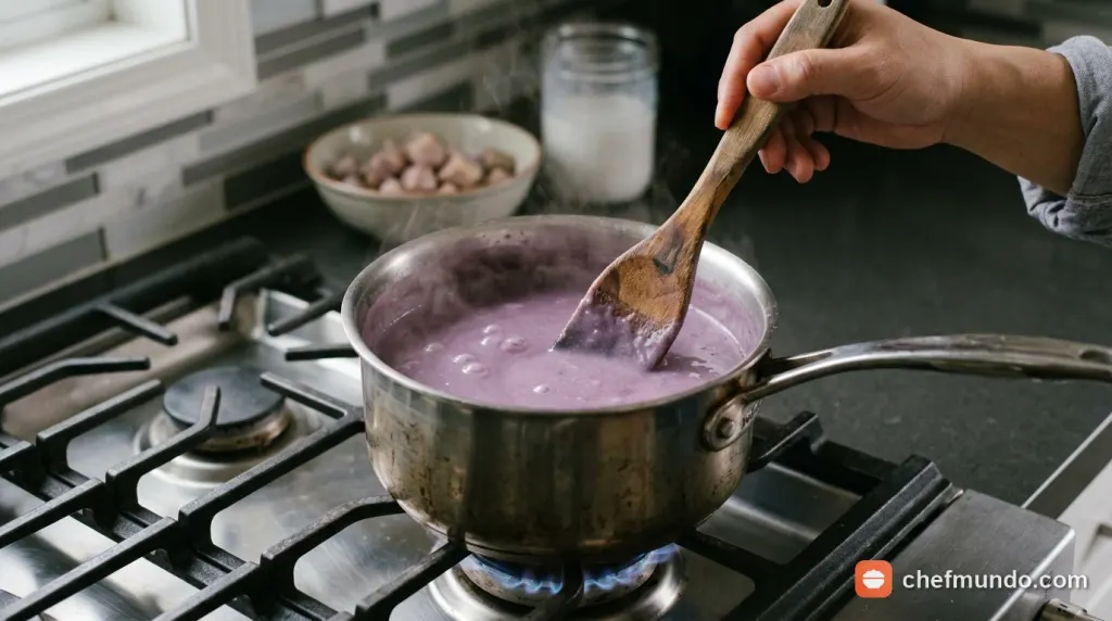 Đun hỗn hợp khoai trên lửa nhỏ và khuấy đều tay bằng phới gỗ để chống khét đáy nồi