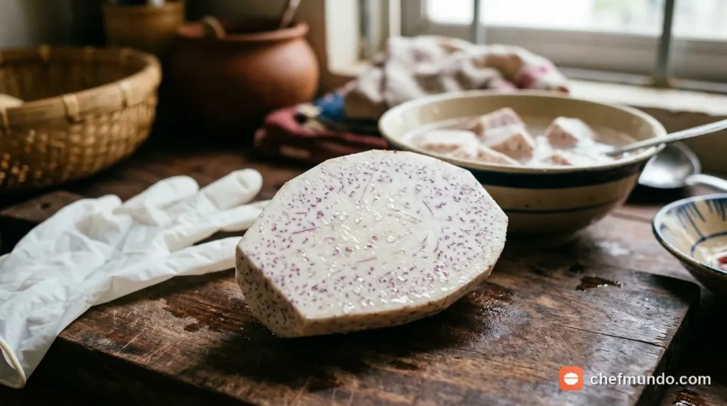Lát cắt củ khoai môn tươi chứa tinh thể canxi oxalat tự nhiên cần được sơ chế ngâm nước muối trước khi nấu chín.