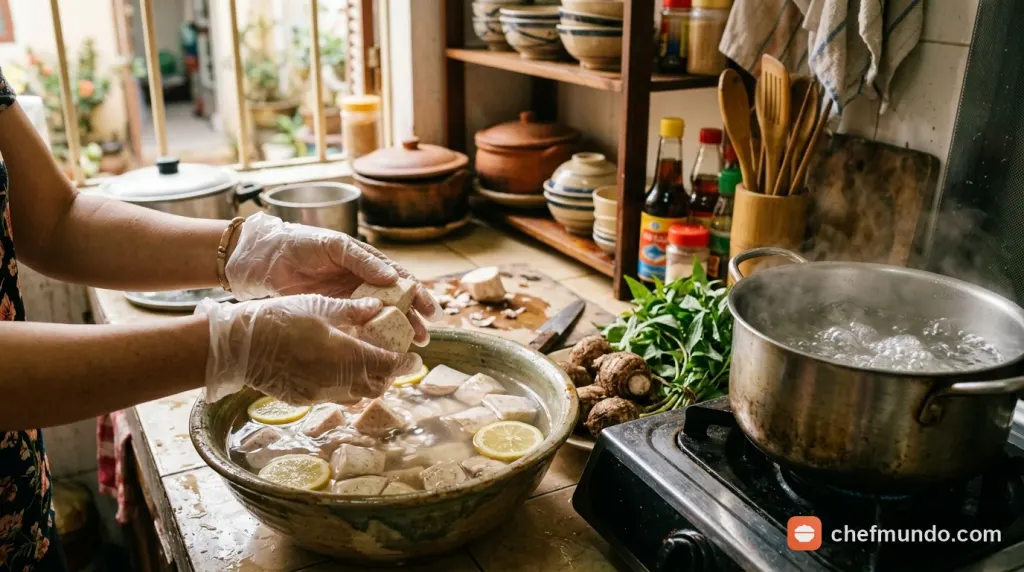 Hướng dẫn đeo găng tay sơ chế khoai môn và ngâm nước chanh loãng để khử độc tố gây ngứa da.