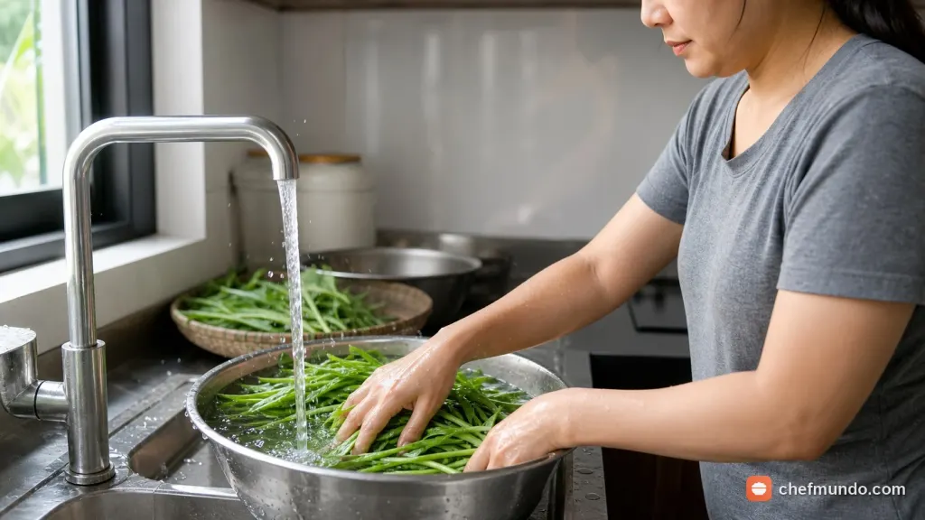 Rửa sạch rau muống dưới vòi nước chảy để phòng ngừa tác hại nhiễm ký sinh trùng đường ruột
