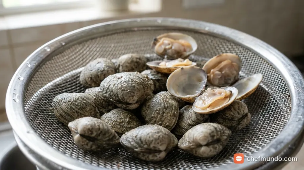 Ngâm ngao tươi sống trong nước muối pha ớt để nhả sạch bùn cát giúp phòng ngừa đau bụng khi ăn canh ngao