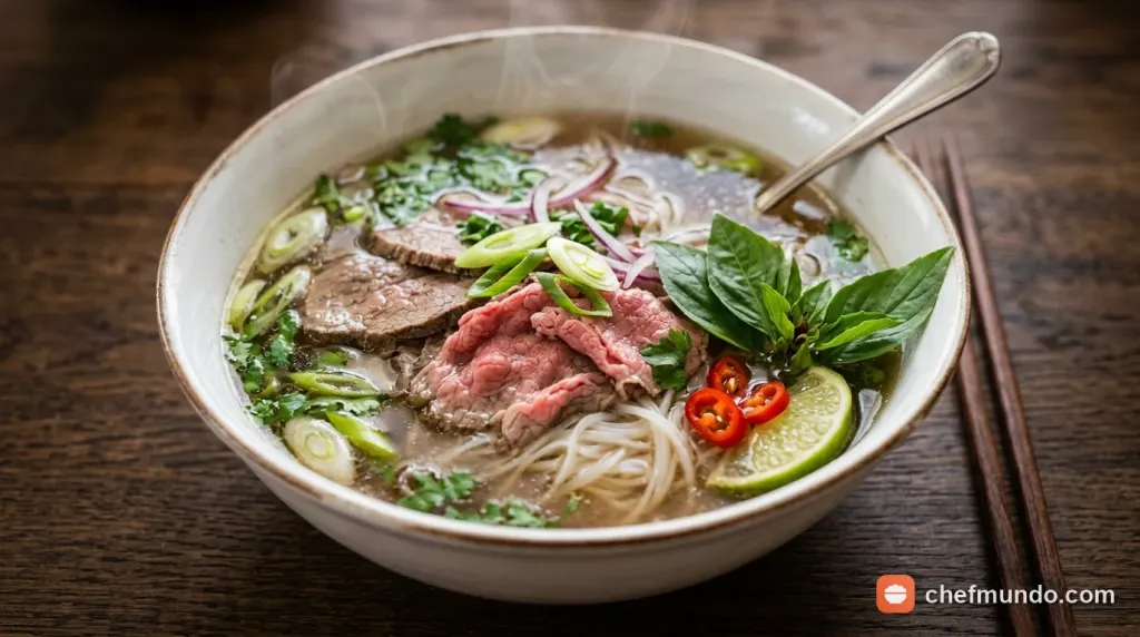 Bát phở bò nóng hổi với những lát thịt bò chín mềm thơm ngon
