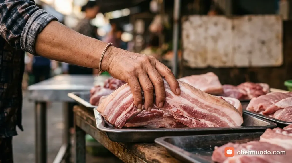 Chọn mua thịt lợn ba chỉ tươi ngon tại quầy hàng chợ