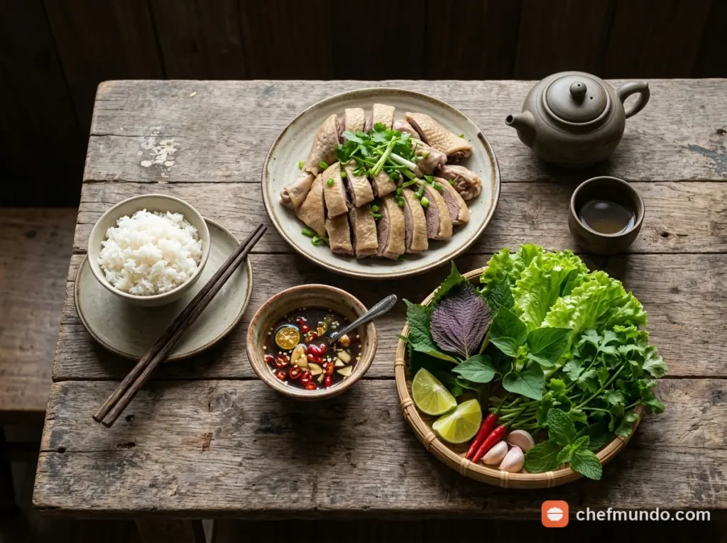 Đĩa ngan luộc hấp dẫn ăn kèm nước chấm tỏi ớt và rau thơm
