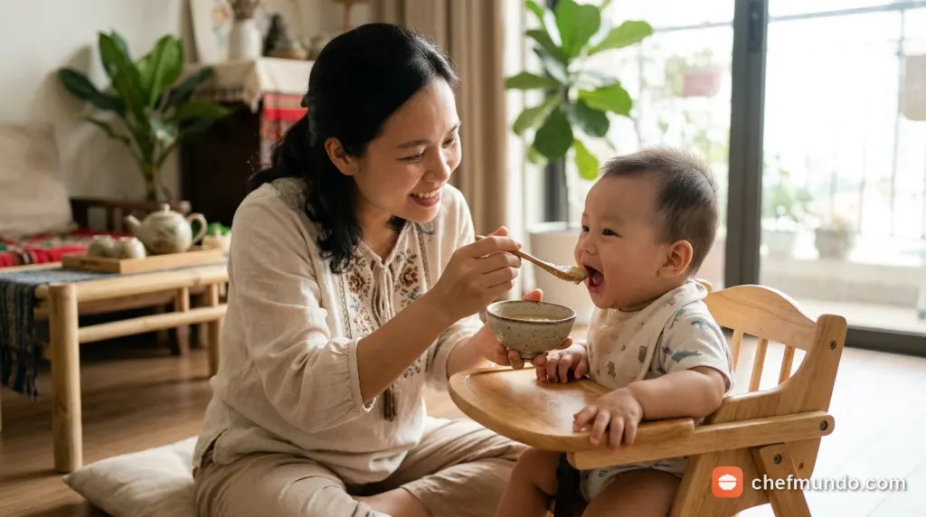 Mẹ đang cẩn thận khuấy nồi cháo thịt ngan bí đỏ mịn cho bé ăn dặm trên bếp gia đình
