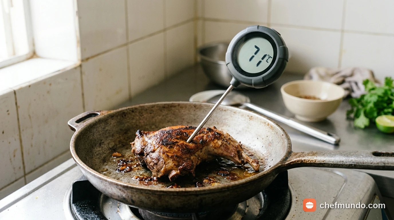 Đo nhiệt độ tâm thịt thỏ đạt chuẩn an toàn 71 độ C bằng nhiệt kế