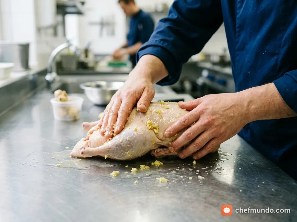 Sơ chế khử mùi hôi thịt vịt bằng gừng giã nhuyễn và rượu trắng