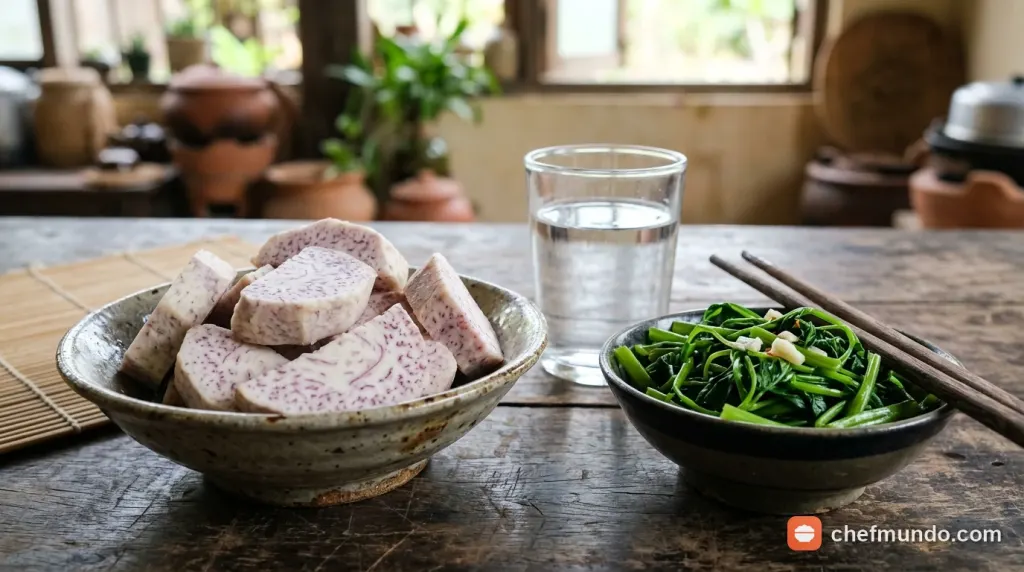 Khẩu phần khoai môn luộc được định lượng cẩn thận kết hợp cùng rau xanh cho người tiểu đường