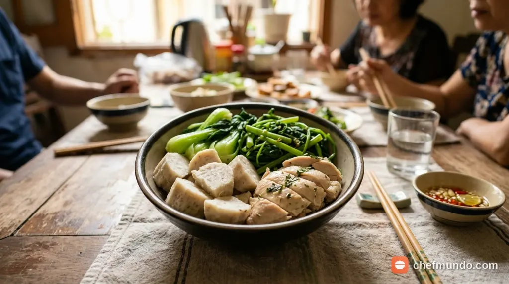 Bữa ăn cân bằng dinh dưỡng kết hợp khoai môn hấp thịt nạc và rau củ cho người đái tháo đường