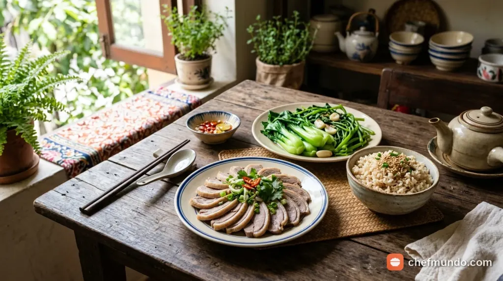 Bữa ăn cân bằng theo phương pháp đĩa thức ăn với thịt ngan nạc và rau muống luộc cho người tiểu đường