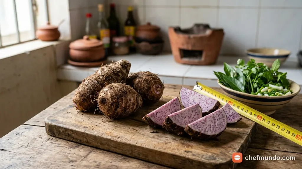 Củ khoai môn tươi và lát khoai môn luộc chín giàu chất xơ cho thực đơn kiểm soát đường huyết
