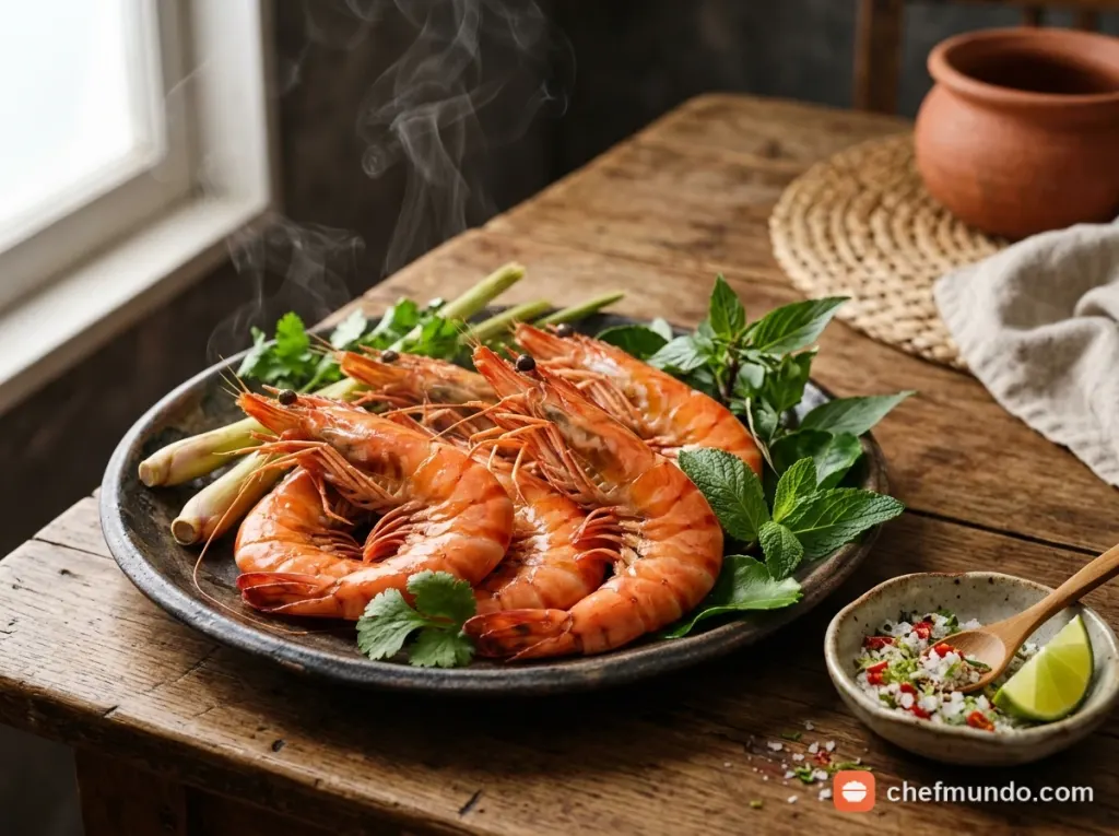 Đĩa tôm sú hấp sả chín đỏ cam thơm lừng trên bàn ăn